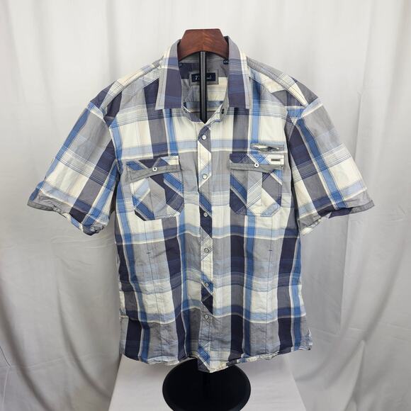 7 Diamonds Pearl Snap Shirt XXL Blue Plaid 100% Cotton Western Style - Picture 1 of 6